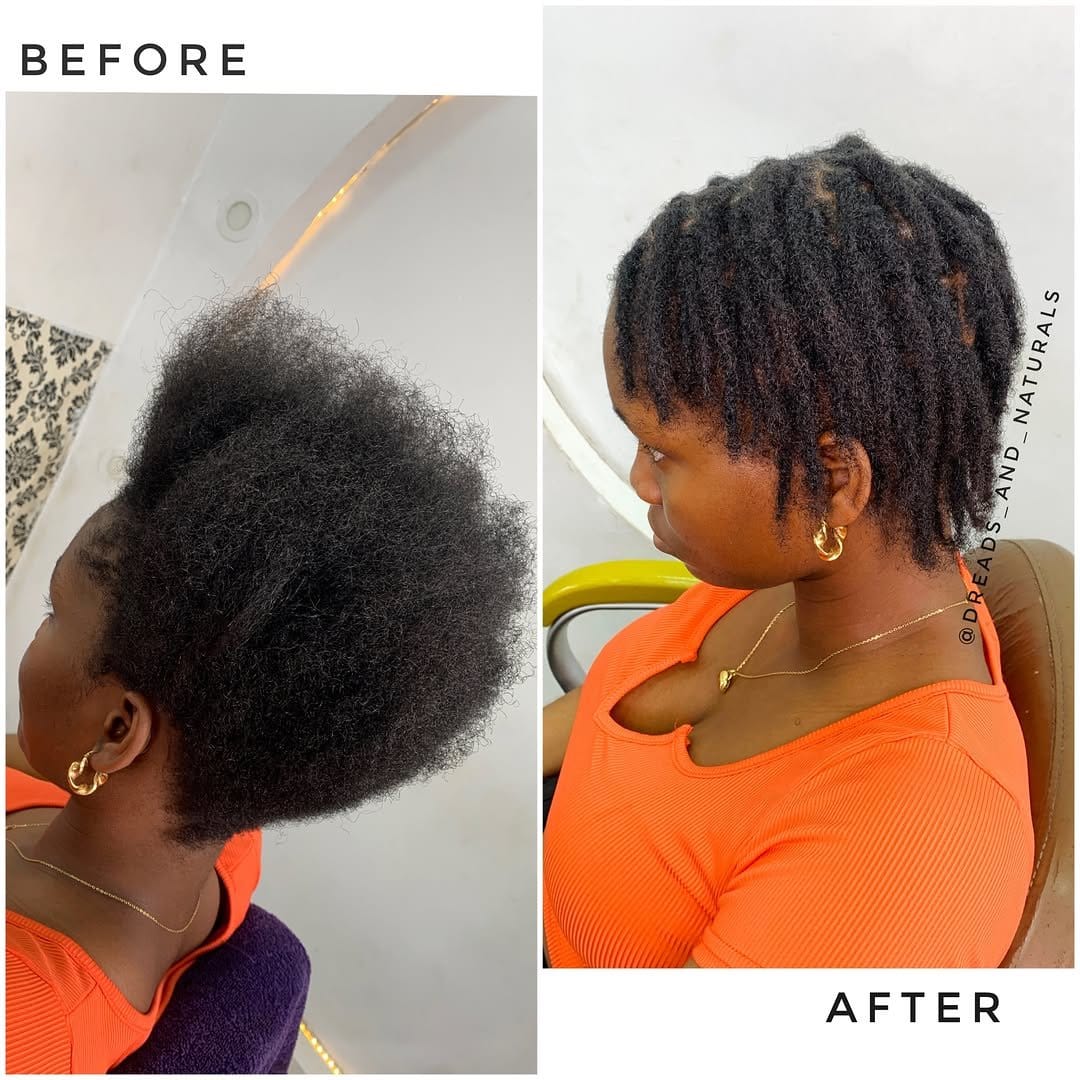 Short dreadlocks with colorful feather extensions