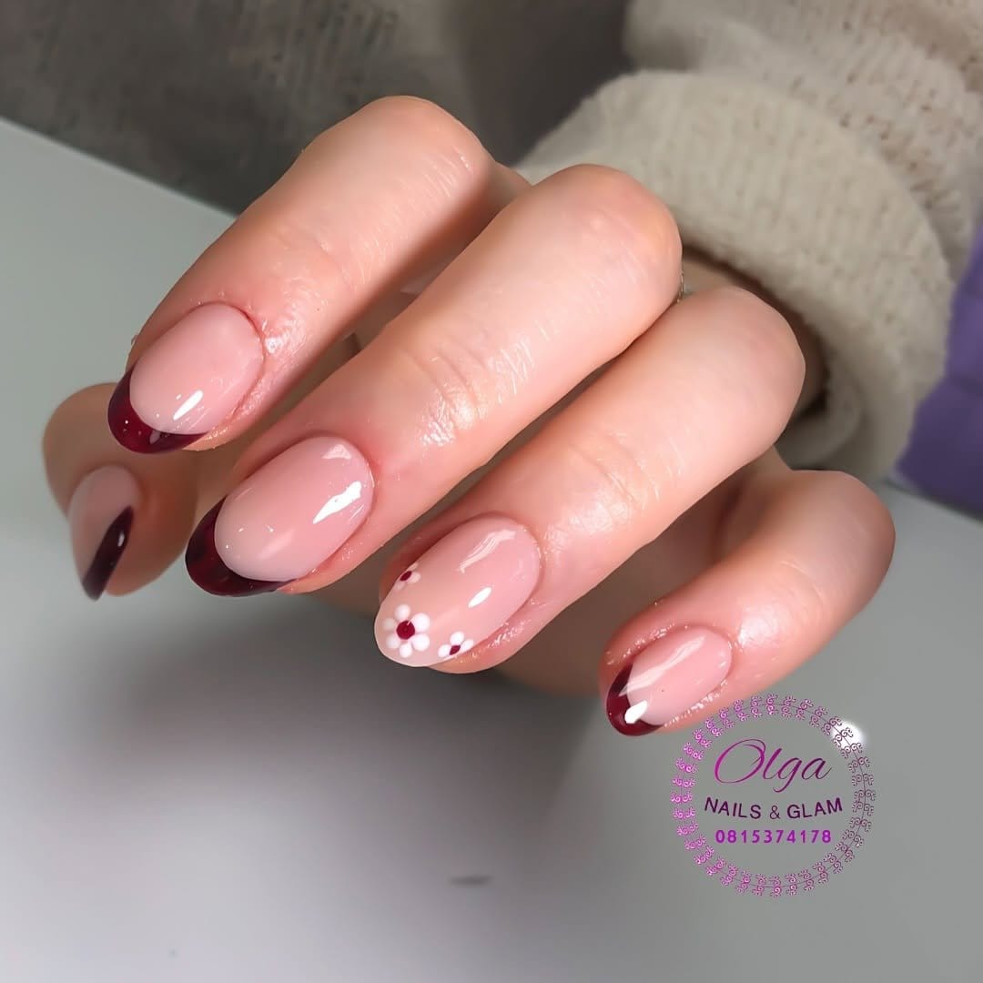 Blush pink French tips with burgundy accent nail