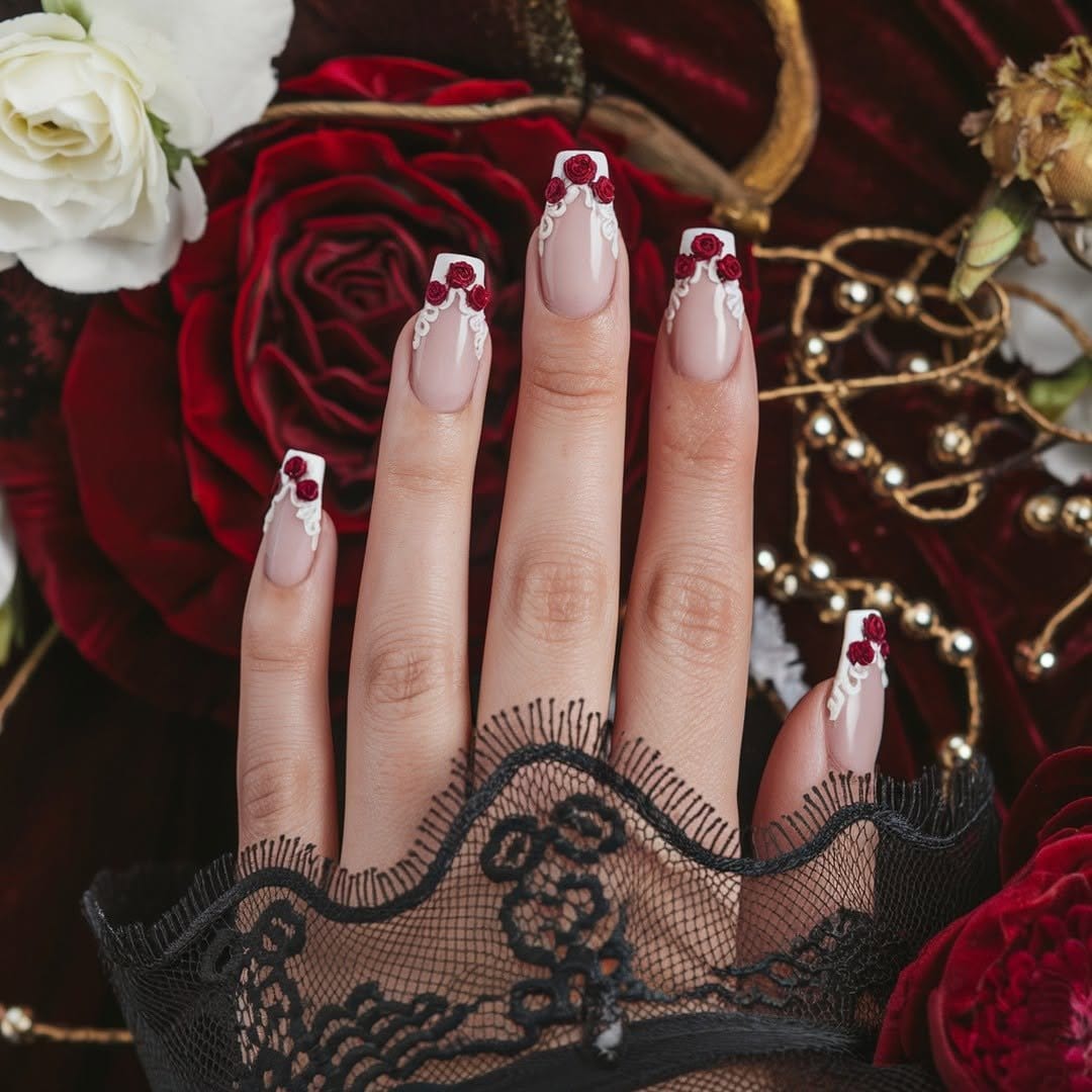 Classic French manicure with floral tips