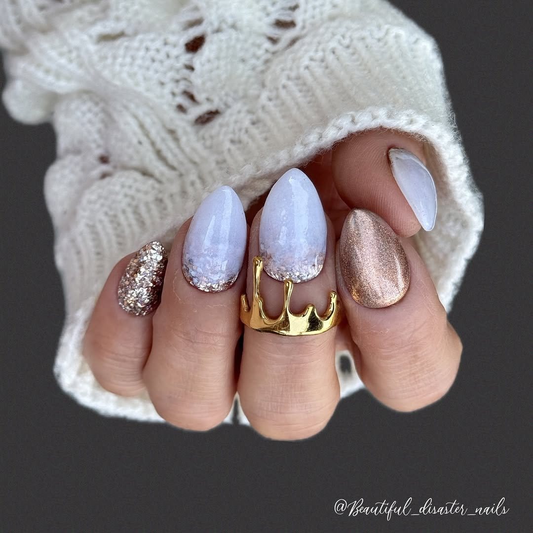 White nails with glitter drip design