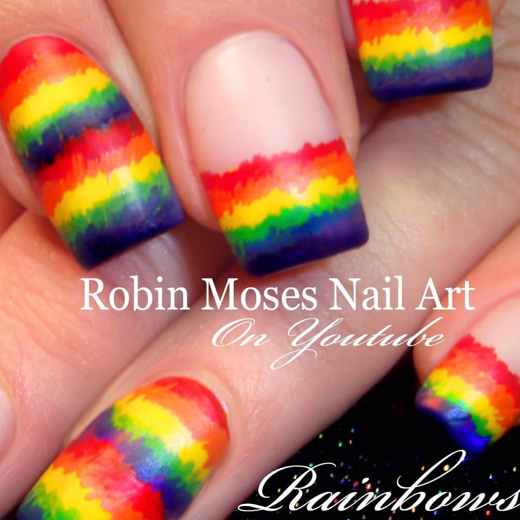 Rainbow-colored rabbit trail nail art
