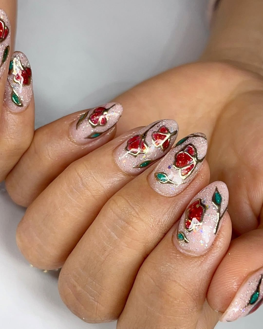 Detailed red rose garden nails