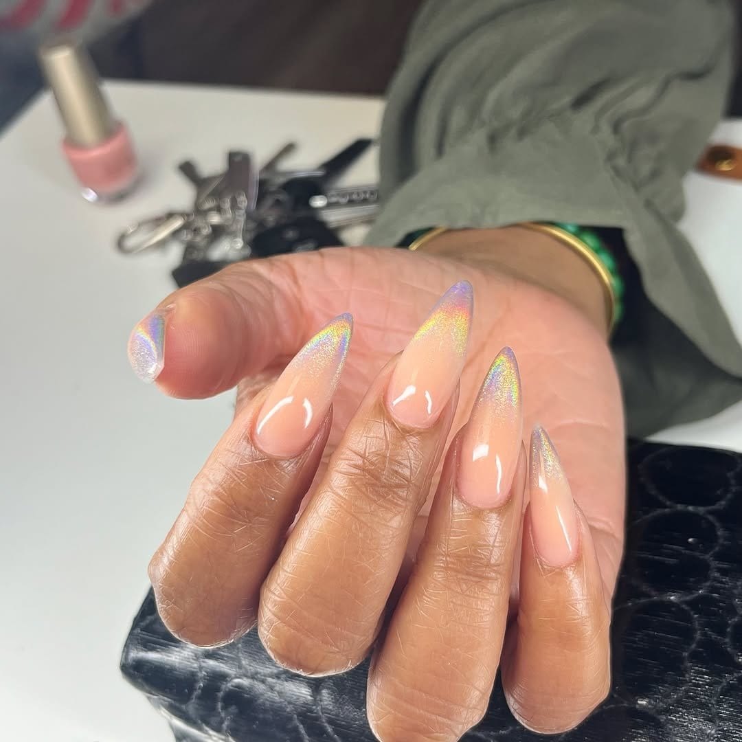 Holographic light pink nails
