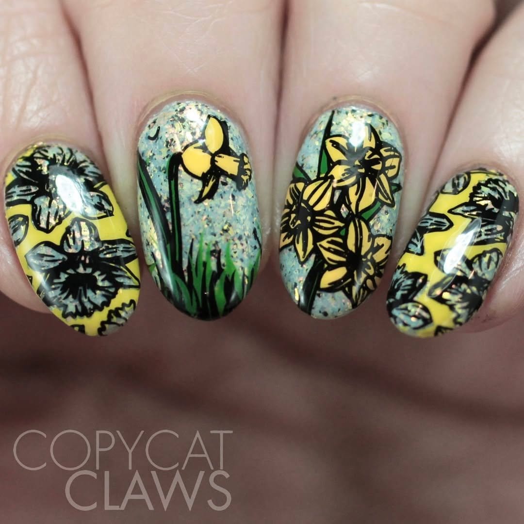 Nails with vibrant floral stamping patterns