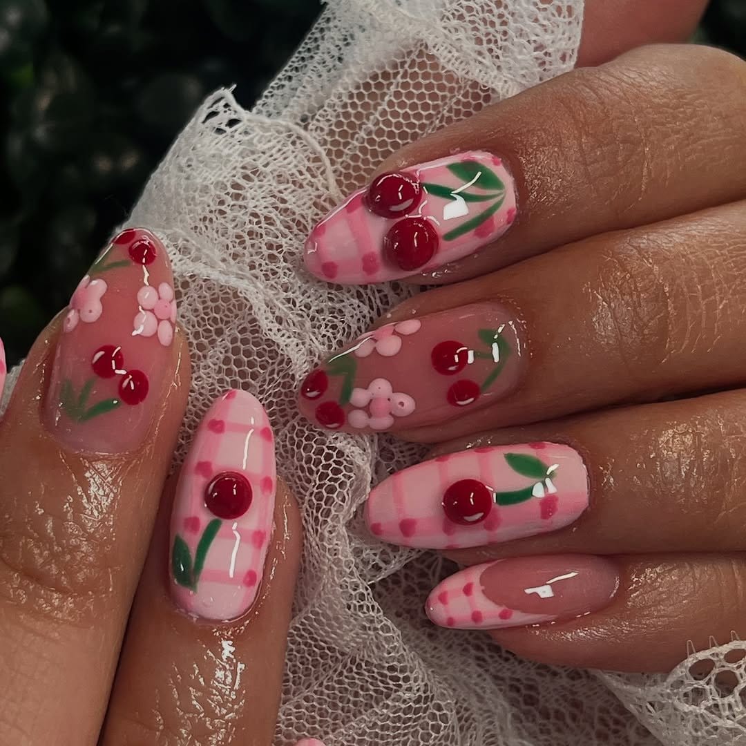 Rose lace pattern on pink nails