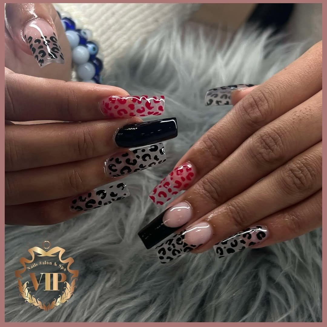 Chic pink and red leopard print nails