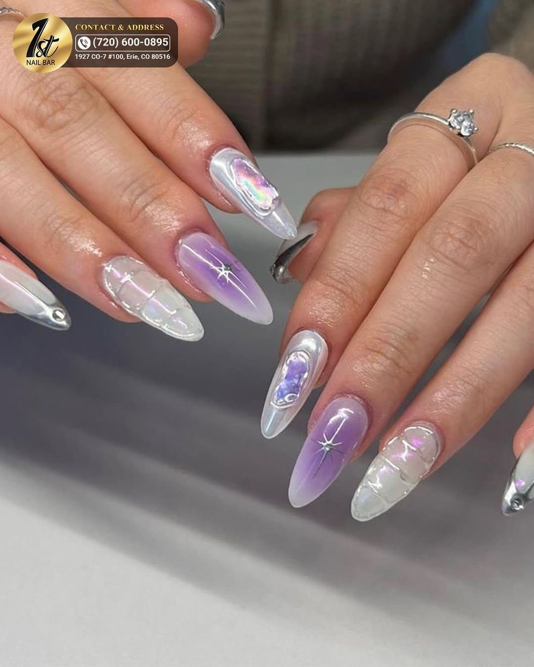 Dreamy lilac French tips with moon and star motifs