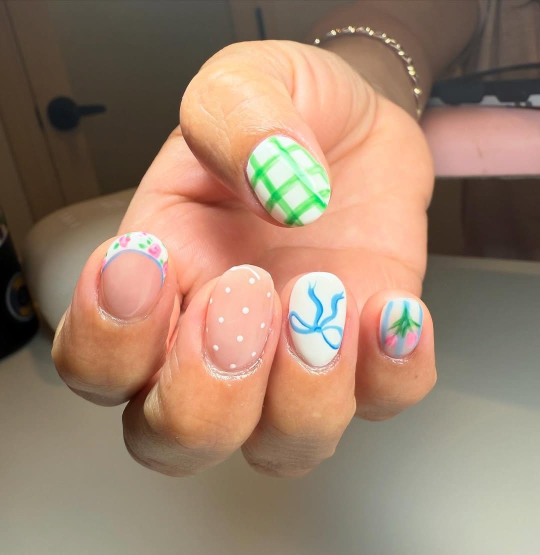 Plaid and bunny nail art