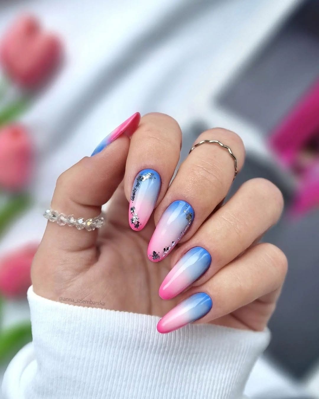 Rainbow ombre nails blending from pink to blue