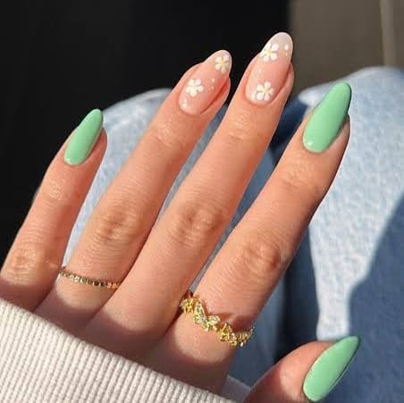 Pastel pink and green watermelon nails