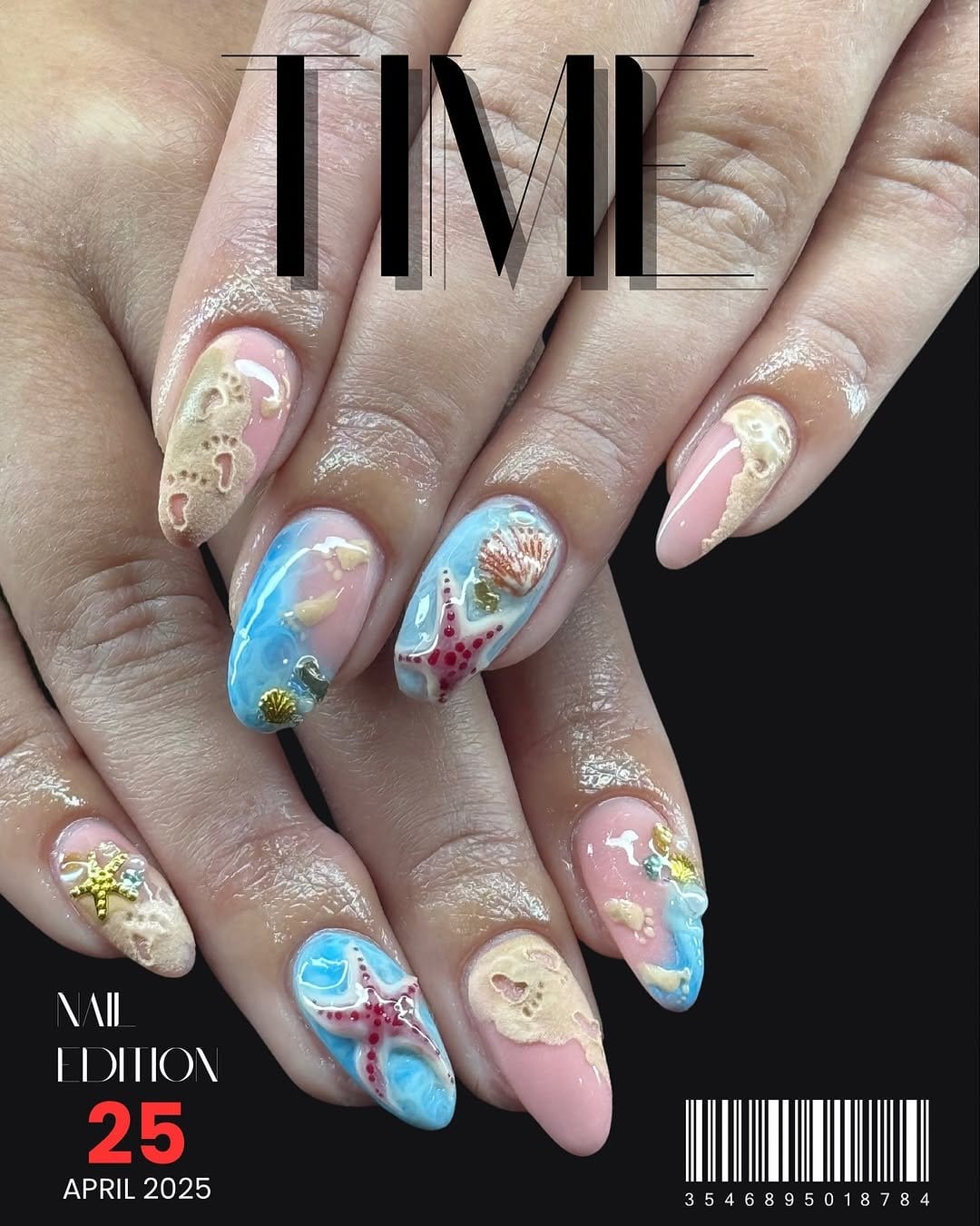 Coral reef nails with starfish accents