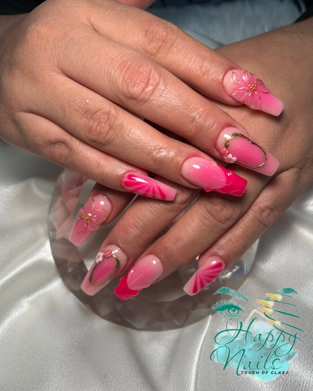Pink ombre nails with bold stripes