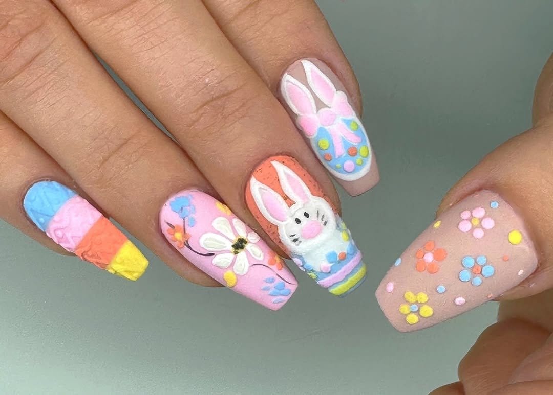 Easter egg and bunny-themed nails