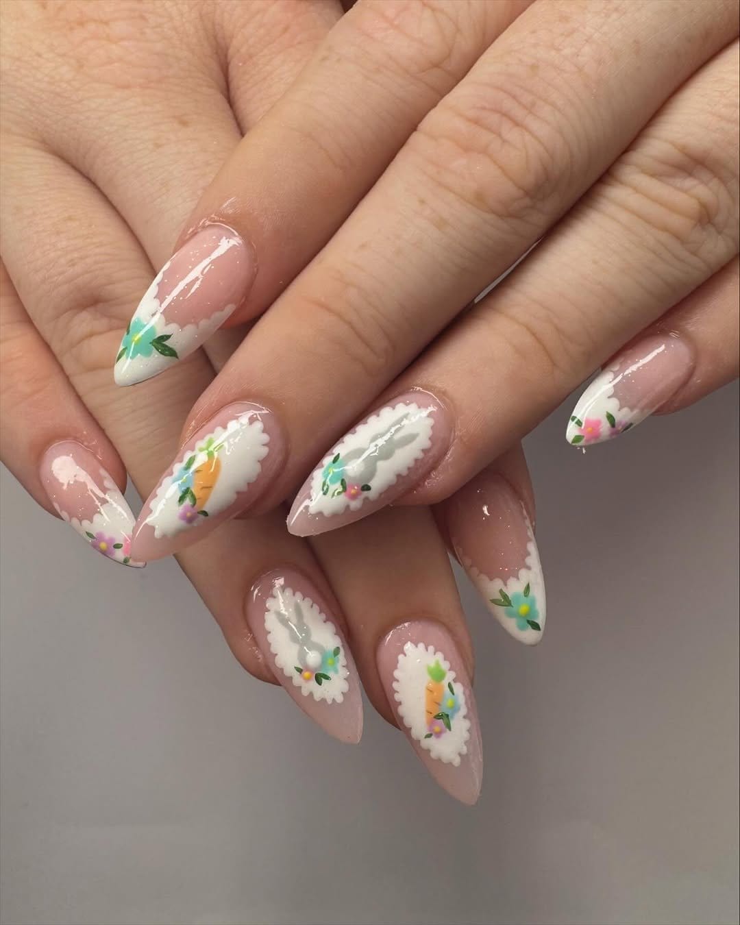 White nails with lace-like detail patterns