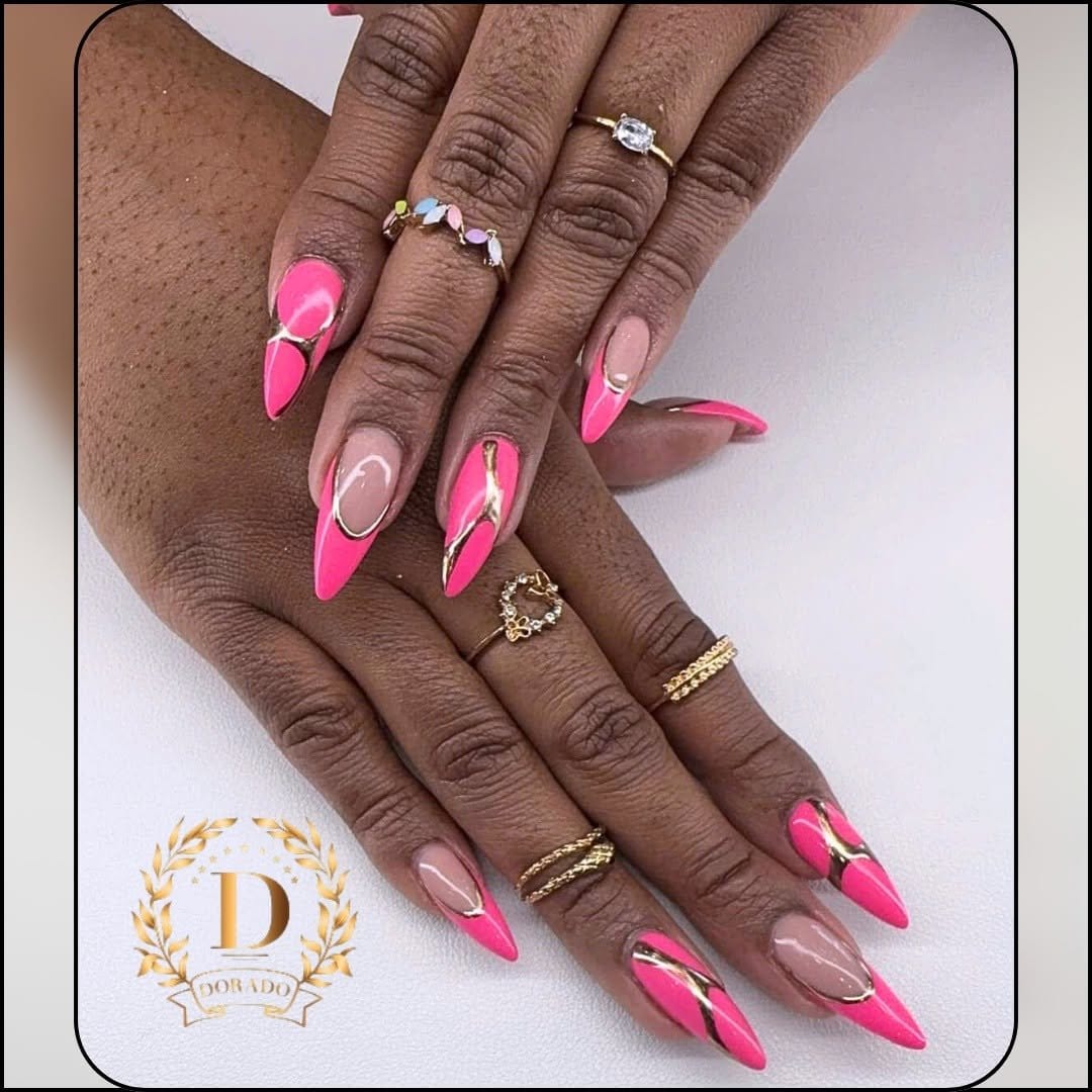Hot pink nails with a gold accent nail