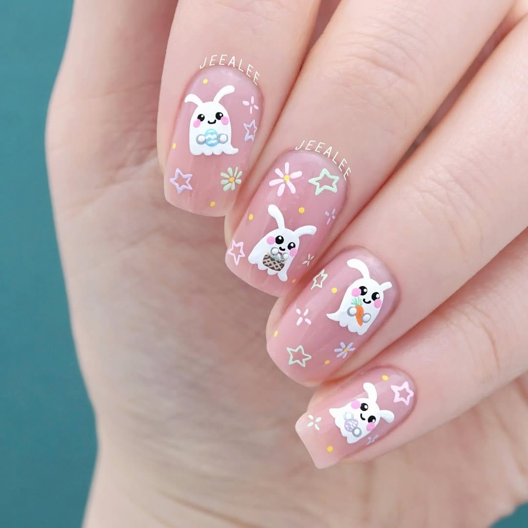 Bunny and carrot nail art design in pastels