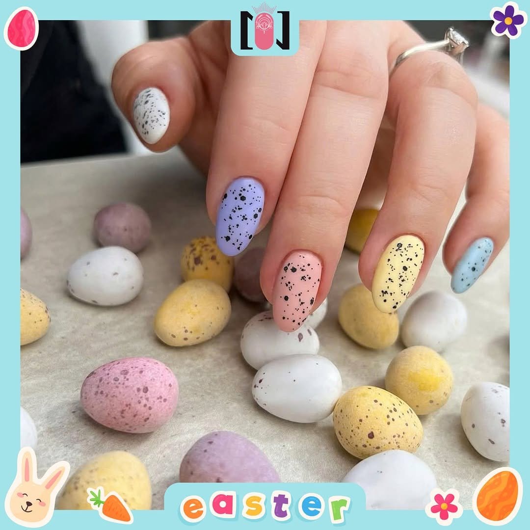 Speckled egg nail art in pastel shades