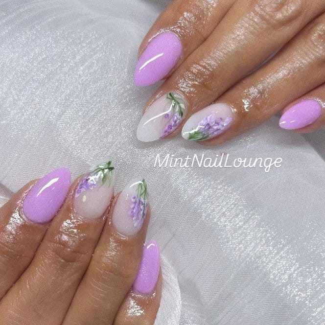 Lavender and mint nails with geometric patterns
