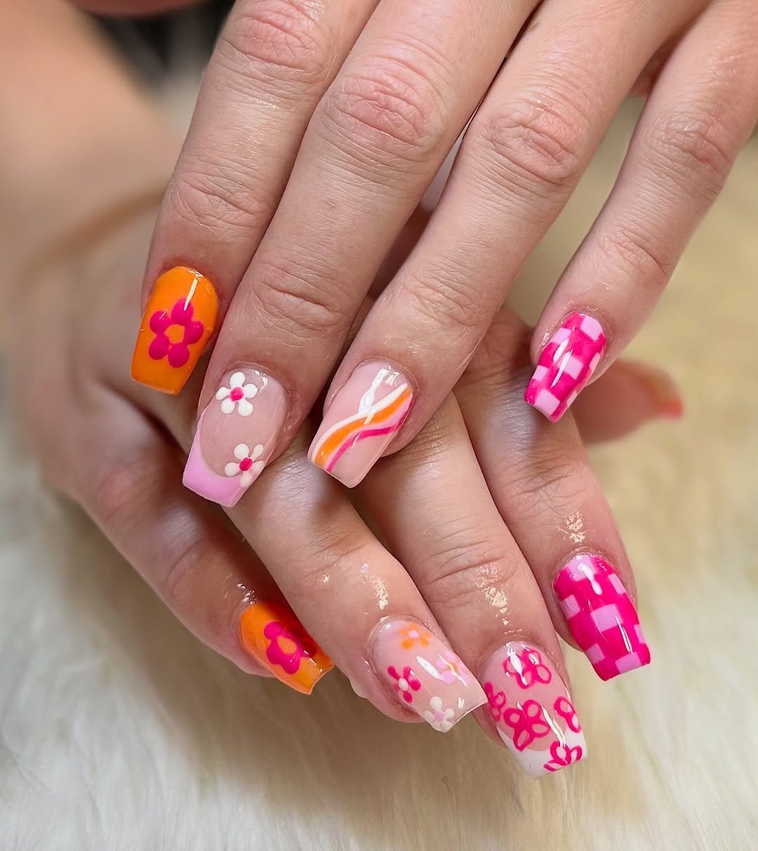Bright and bold pink flower nail art