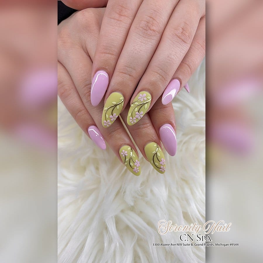 Pastel lavender nails with floral accents
