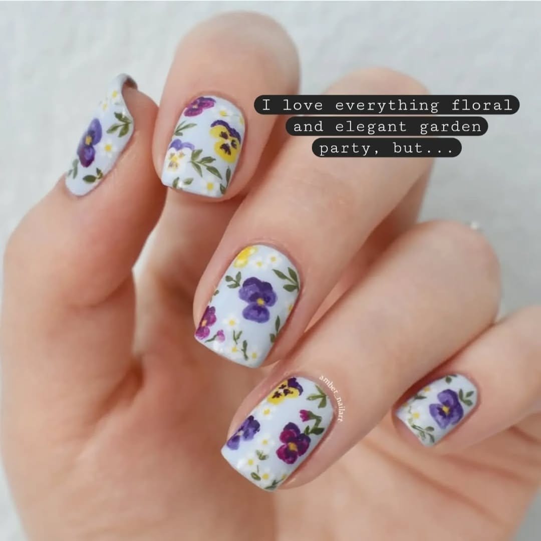 Whimsical garden party nails with white flowers