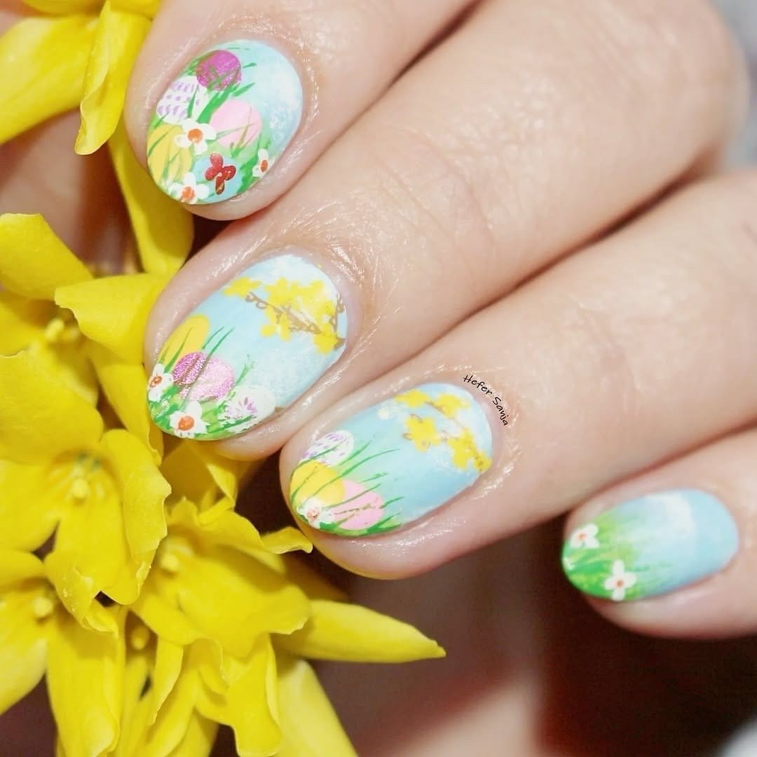 Easter egg hunt scene nail art
