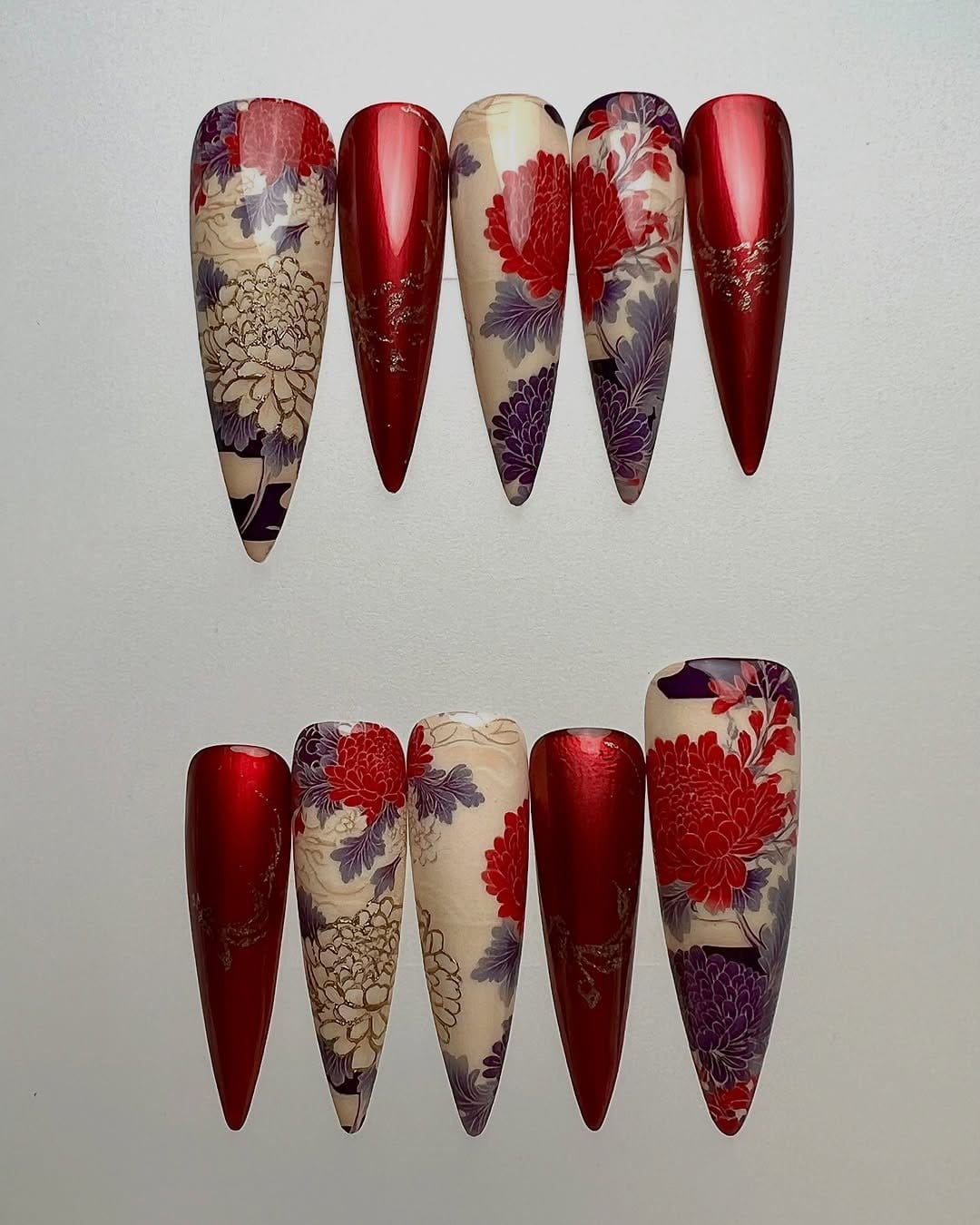 Peony-inspired red nail design