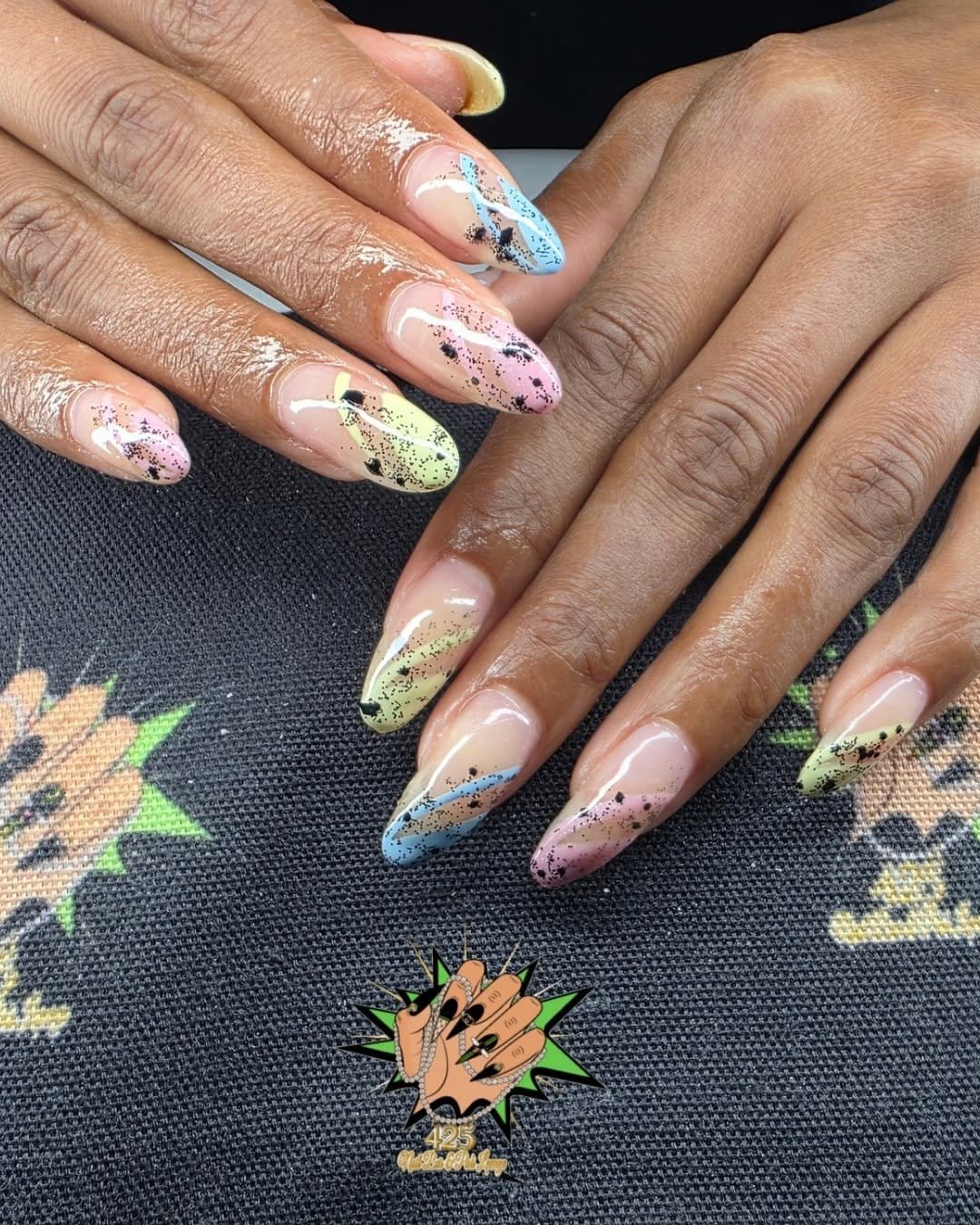 Blush pink pastel nails with gold splatter