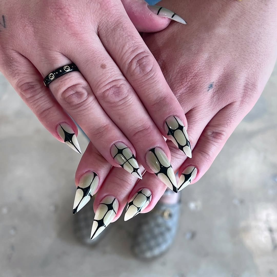 White nails with black contrast lines