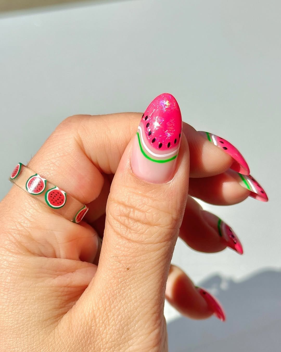 Juicy watermelon slice nail art