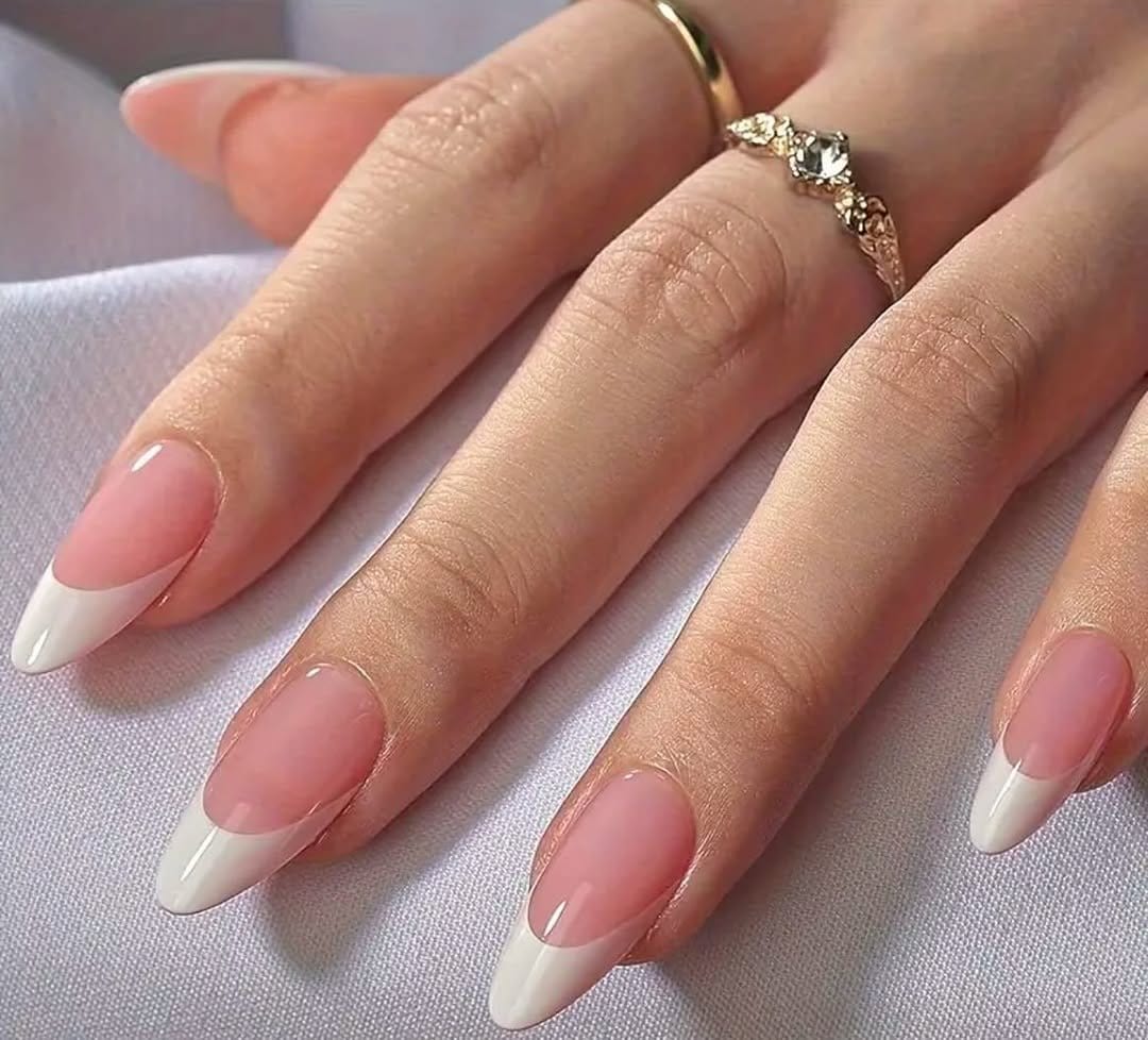 Sweet candy-colored French tips with glossy finish