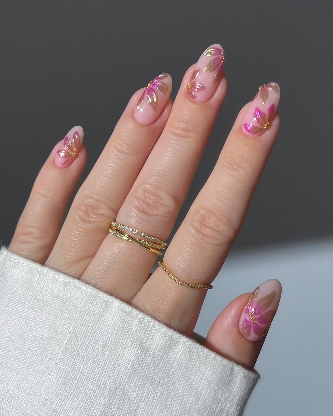 Pastel pink and white petal nail design