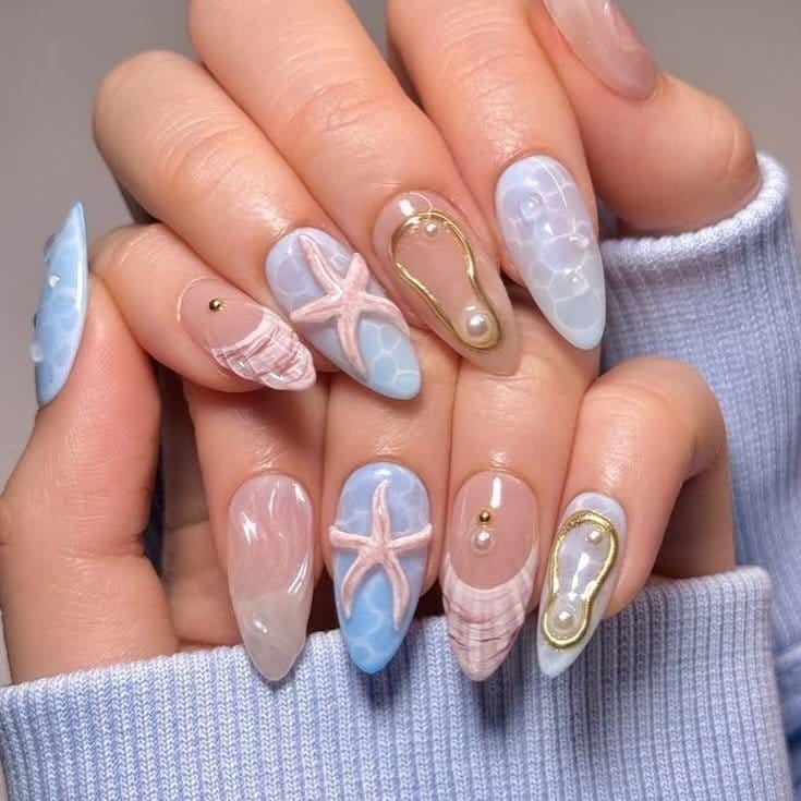 White nails with sea shell texture designs
