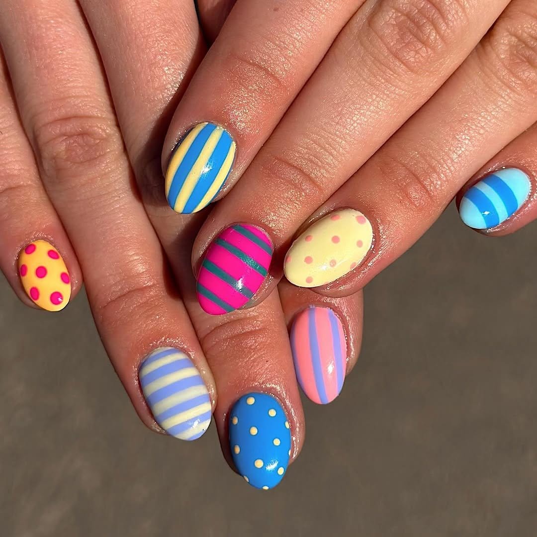 Striped and dotted pastel nails