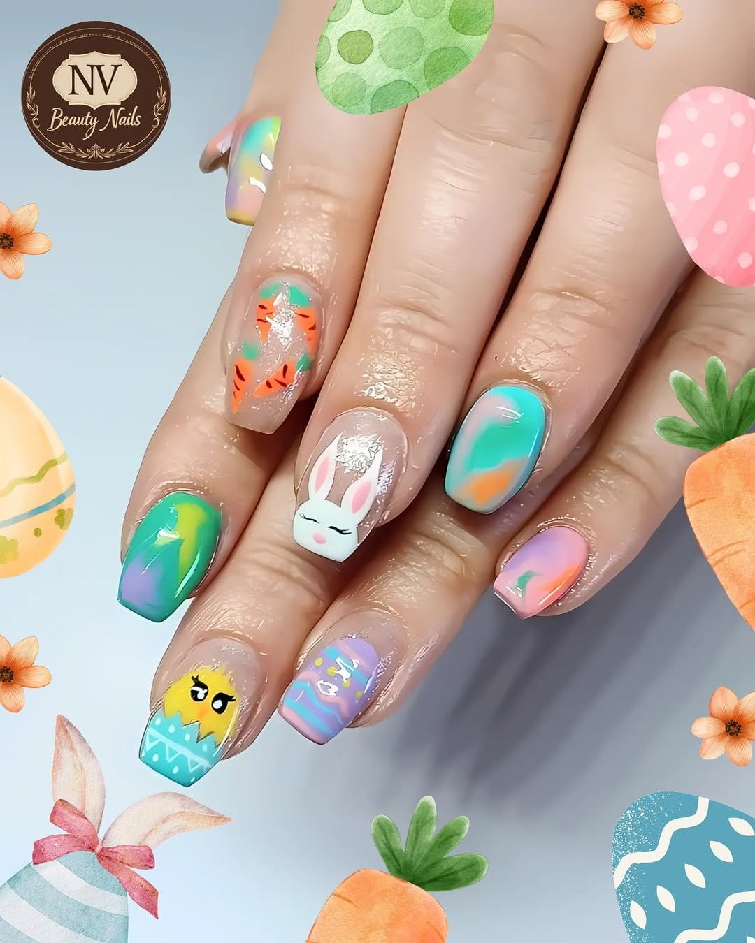 Easter basket with eggs and bunny nail art