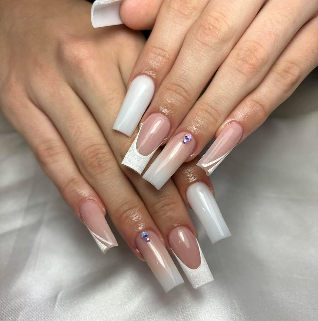 Elegant white nails with glitter tips
