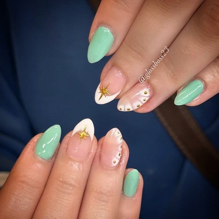 Mint nails with gold leaf accents