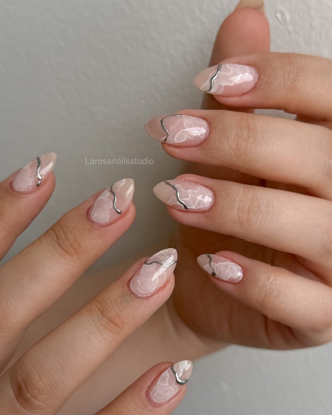 Marble nail art on light grey