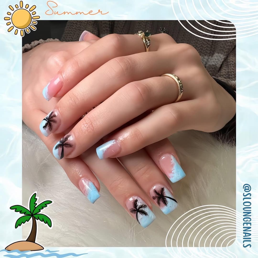 Dramatic palm tree sunset nail art